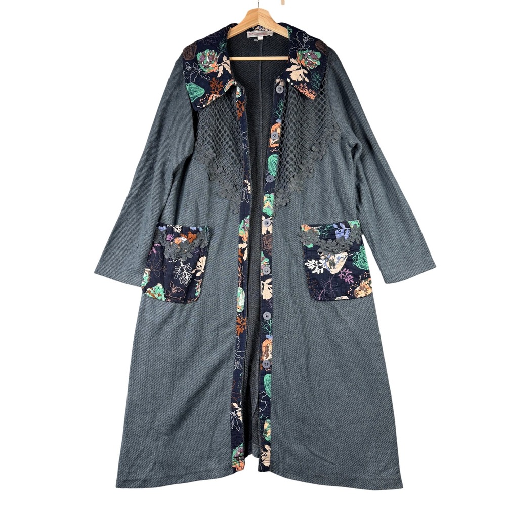Pretty Angel Gray Linen Blend Floral Duster Cardigan Crochet Netting Size XL